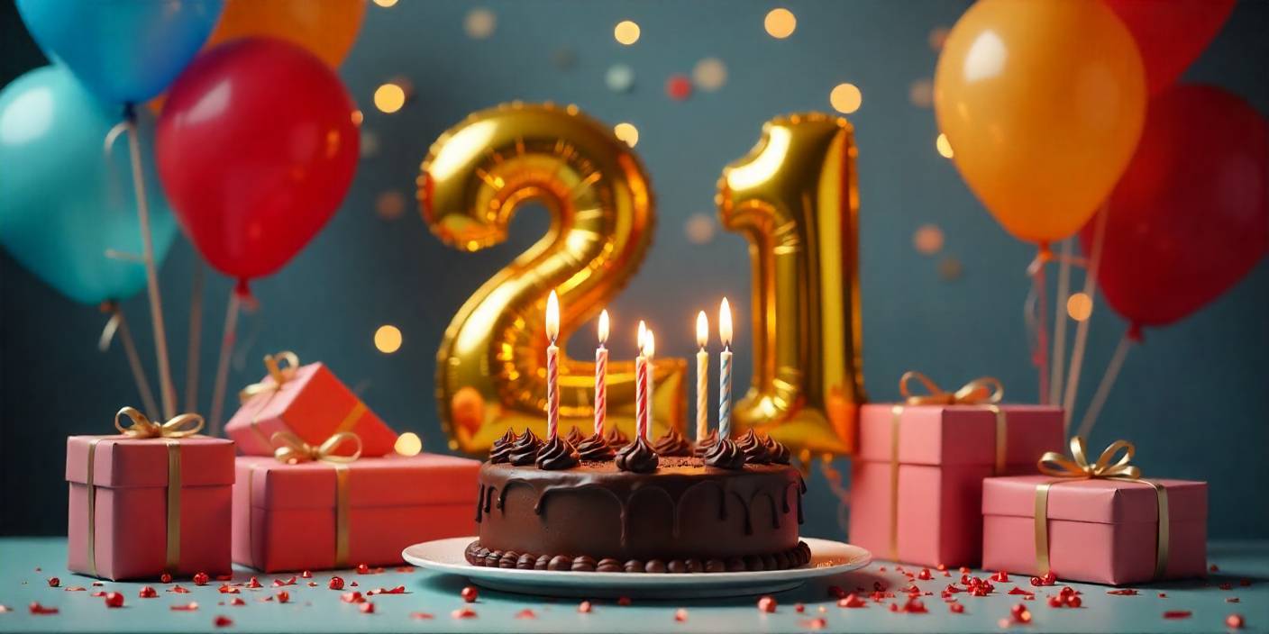 21st birthday celebration scene for son with balloons, cake, and gifts.