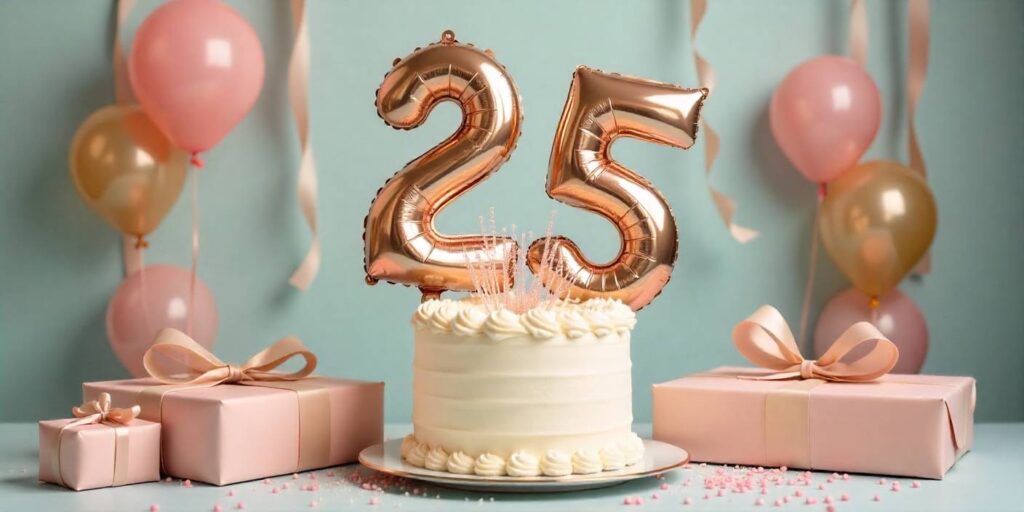 25th birthday decorations with balloons, gifts, and a celebration cake.