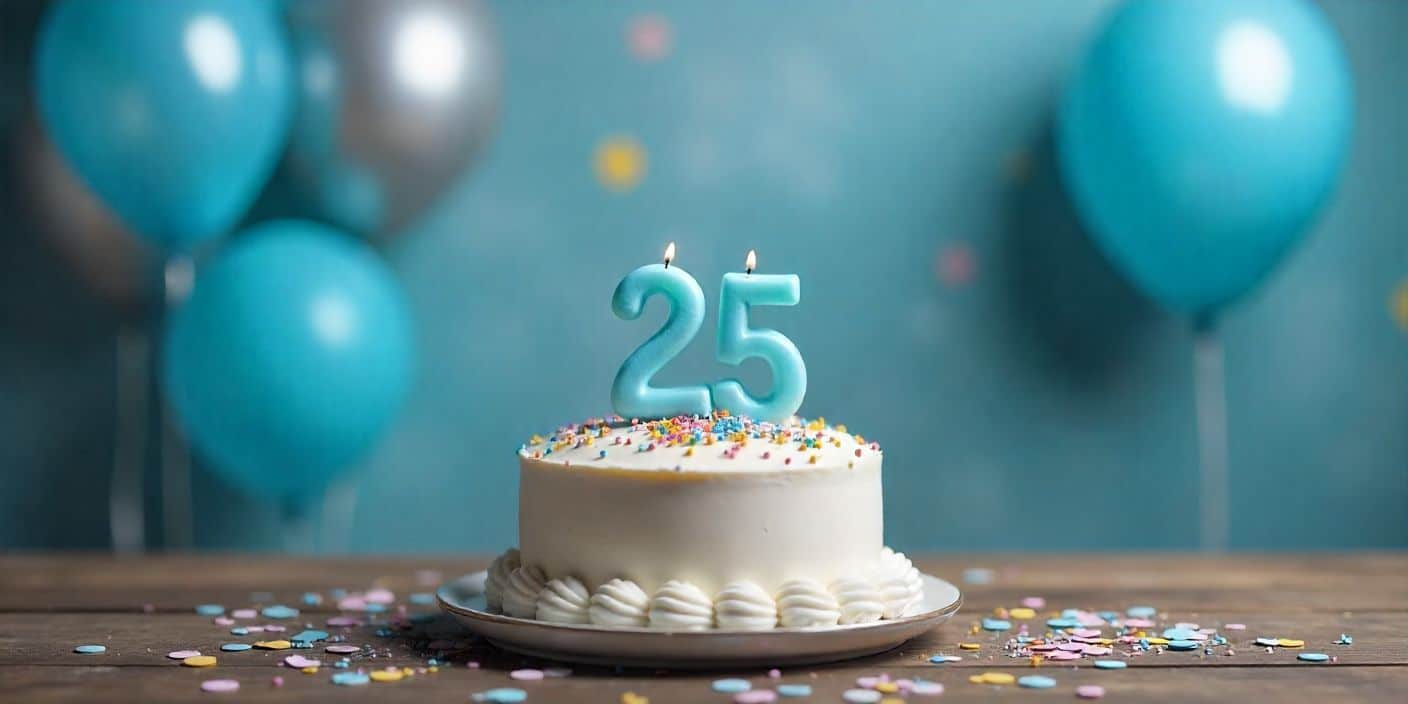 Vibrant image of 25th birthday celebration setup for son with balloons, cake, and confetti.