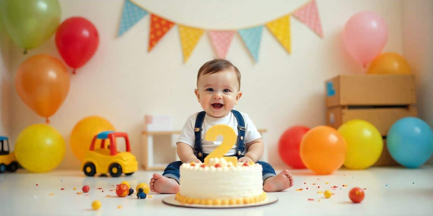2nd birthday celebration for son with balloons, toys, and a birthday cake featuring the number two.
