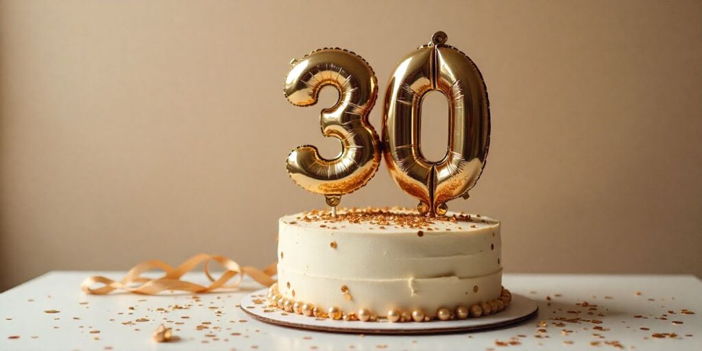 30th birthday decorations with balloons, confetti, and a celebration cake.
