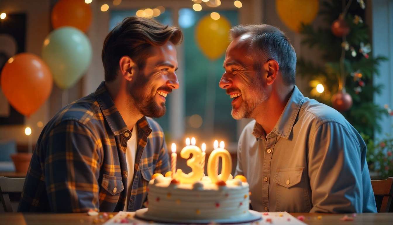 Happy father celebrating his son’s 30th birthday with cake, balloons, and decorations.