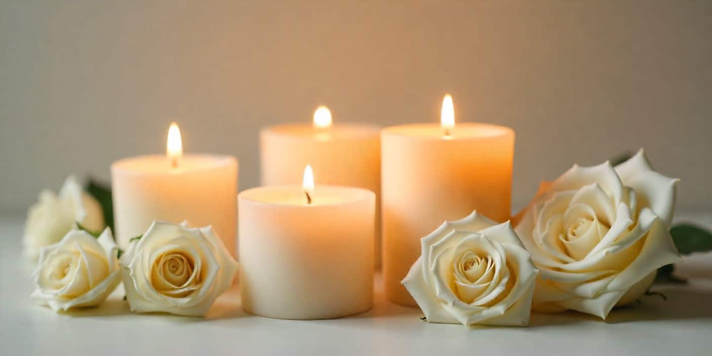 Serene image featuring four candles and white roses symbolizing love and remembrance on a 4-year death anniversary.