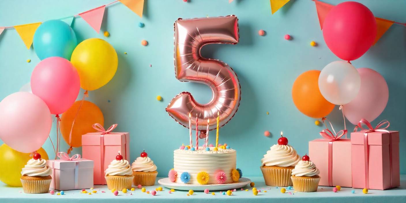A bright and joyful 5th birthday scene with decorations, balloons, and gifts celebrating a daughter’s special day.