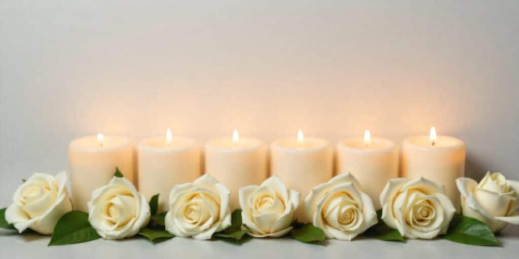 Memorial image featuring six candles and white roses for a 6-year death anniversary.