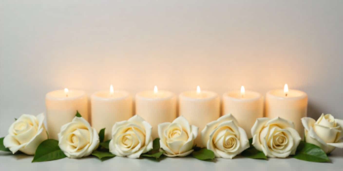 Memorial image featuring six candles and white roses for a 6-year death anniversary.
