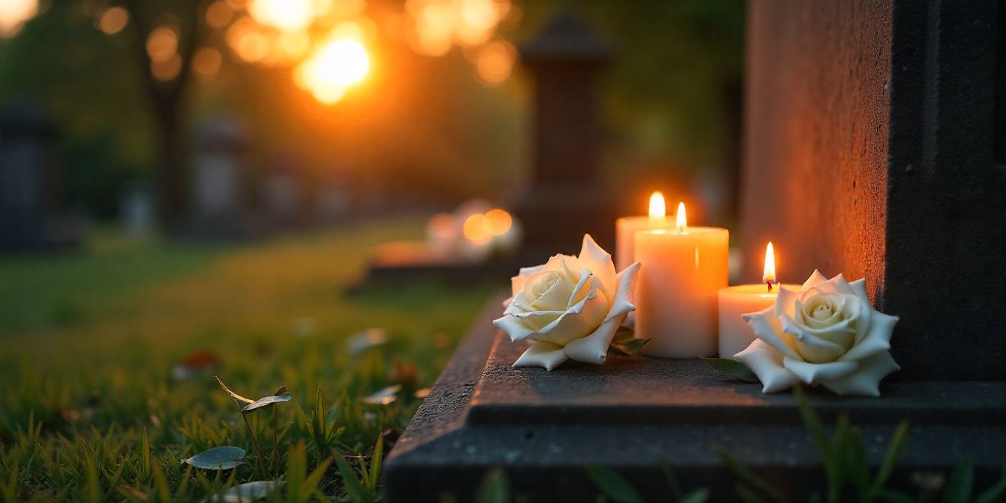 Peaceful 7-year death anniversary scene with candles and white roses on a grave at sunset.