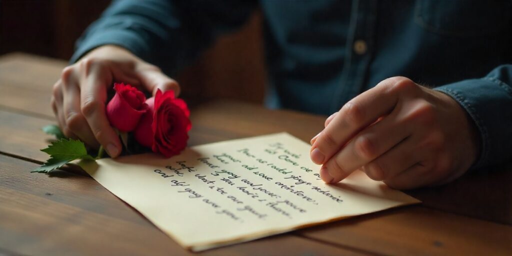 50+ Heartfelt Apology Messages for Her Apology message image with man writing letter and roses symbolizing sincere regret.