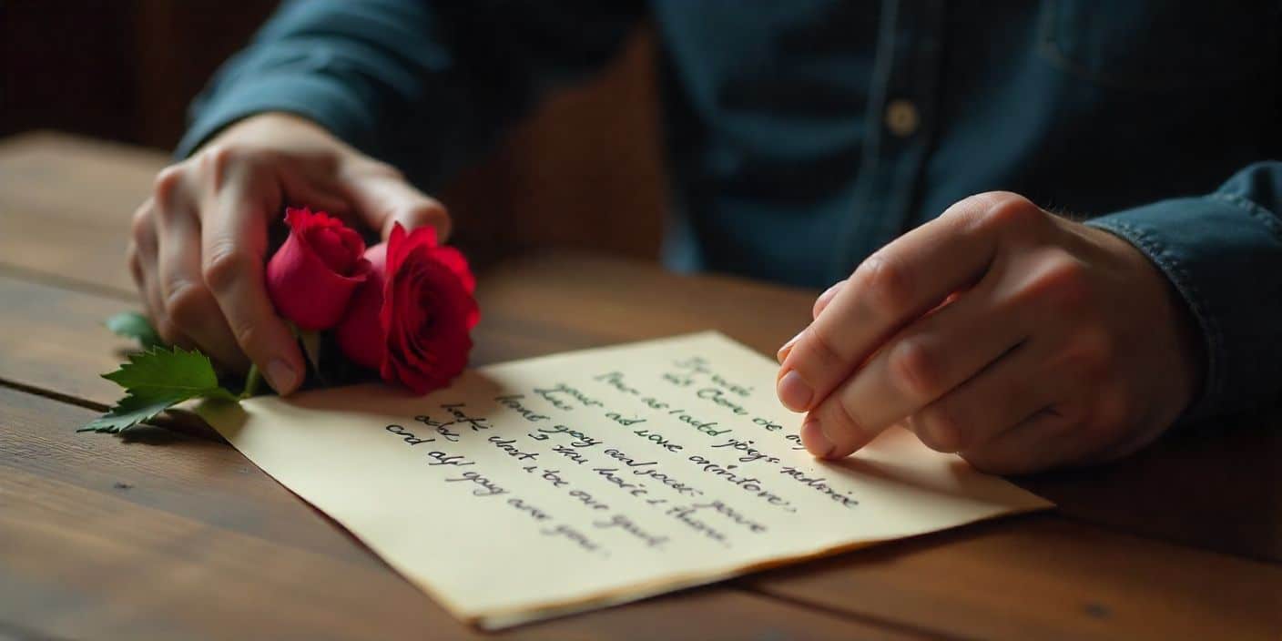 Apology message image with man writing letter and roses symbolizing sincere regret.