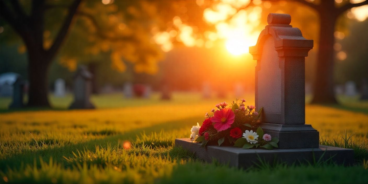 Heartfelt appreciation image after father’s burial with flowers and sunset background.