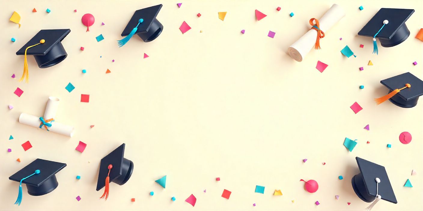 Graduation caps, diplomas, and a friendship message card on a festive background.