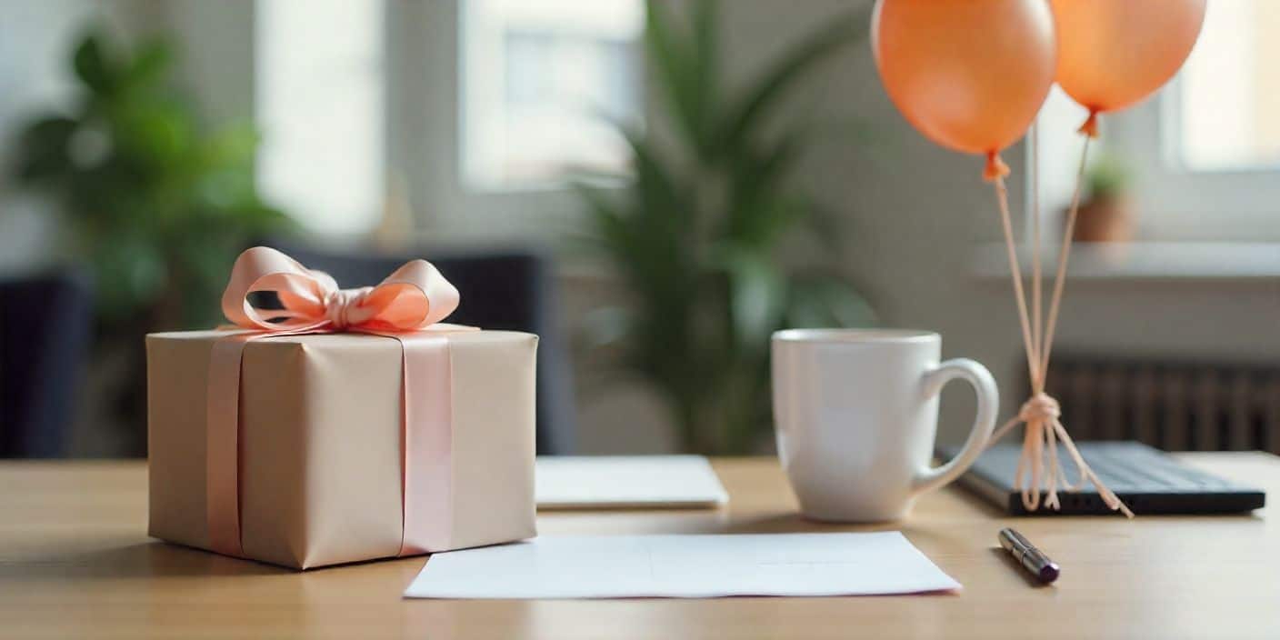 Belated birthday greeting scene for colleague with office desk, gift box, and celebration details.