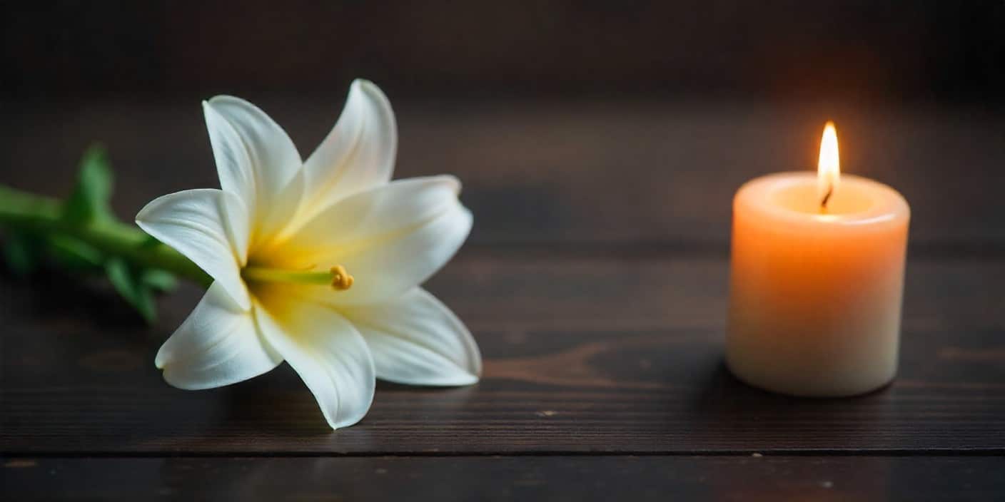 White lily and candle symbolizing sympathy and belated condolence.