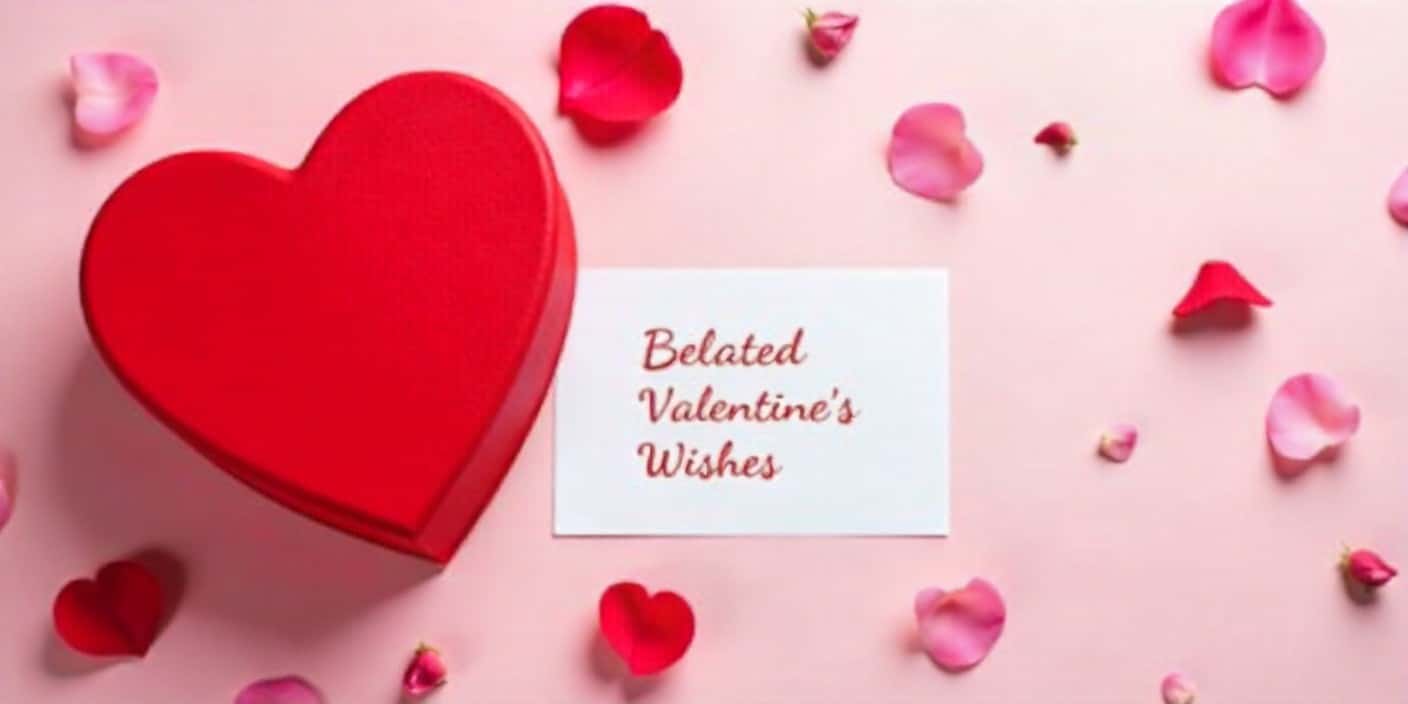 Belated Valentine’s Day greeting setup with heart box and petals.