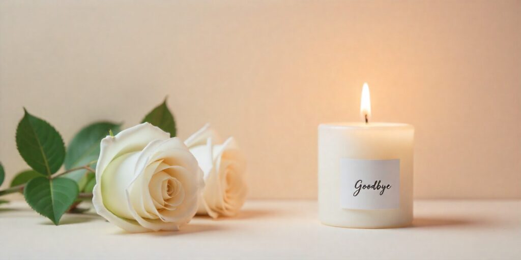 95+ Goodbye Messages to a Loved One Who Passed Away Memorial scene with candle and white roses expressing goodbye to a loved one.