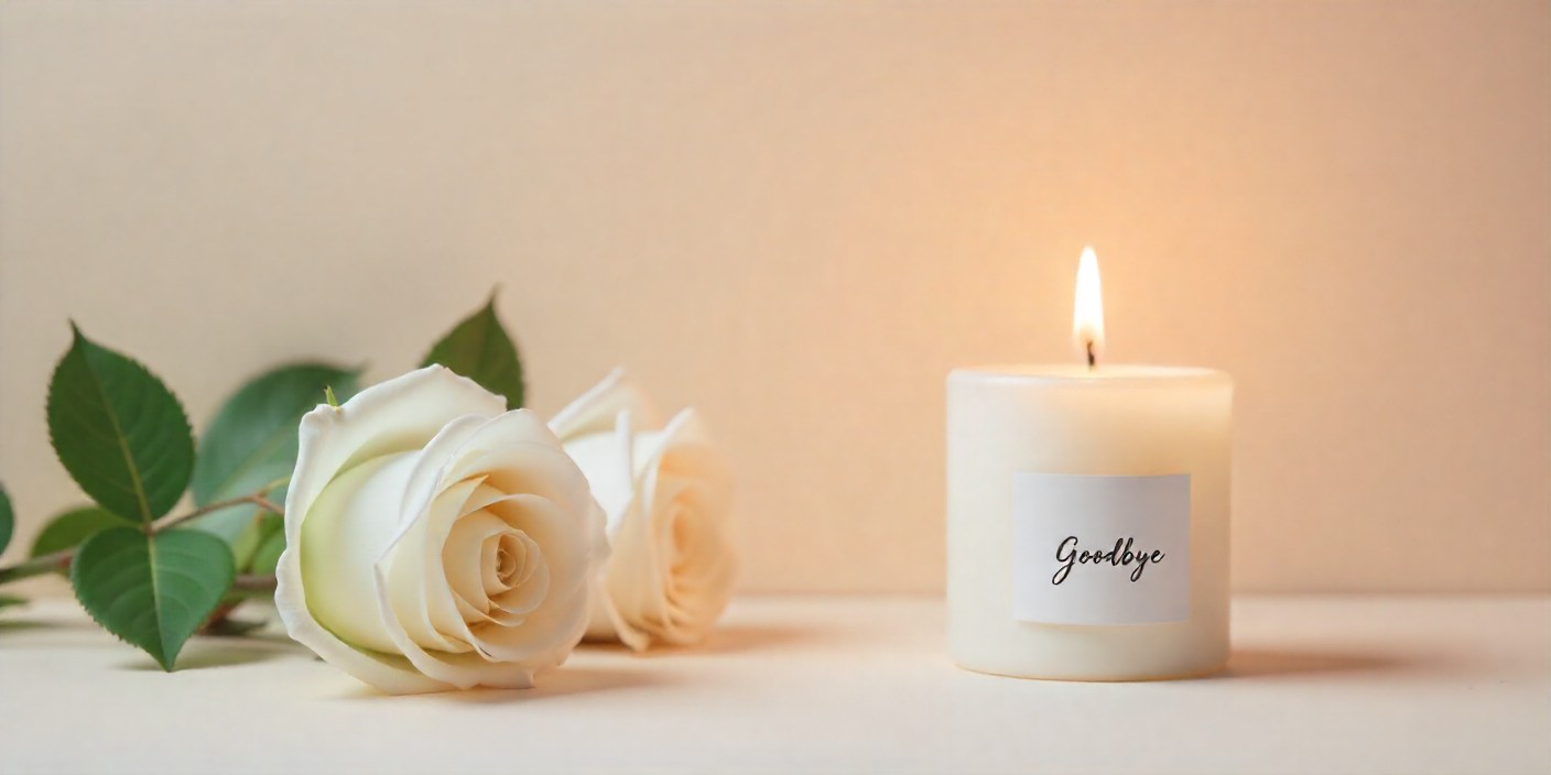 Memorial scene with candle and white roses expressing goodbye to a loved one.