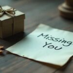 “Missing You” message card on a wooden table symbolizing friendship and longing.