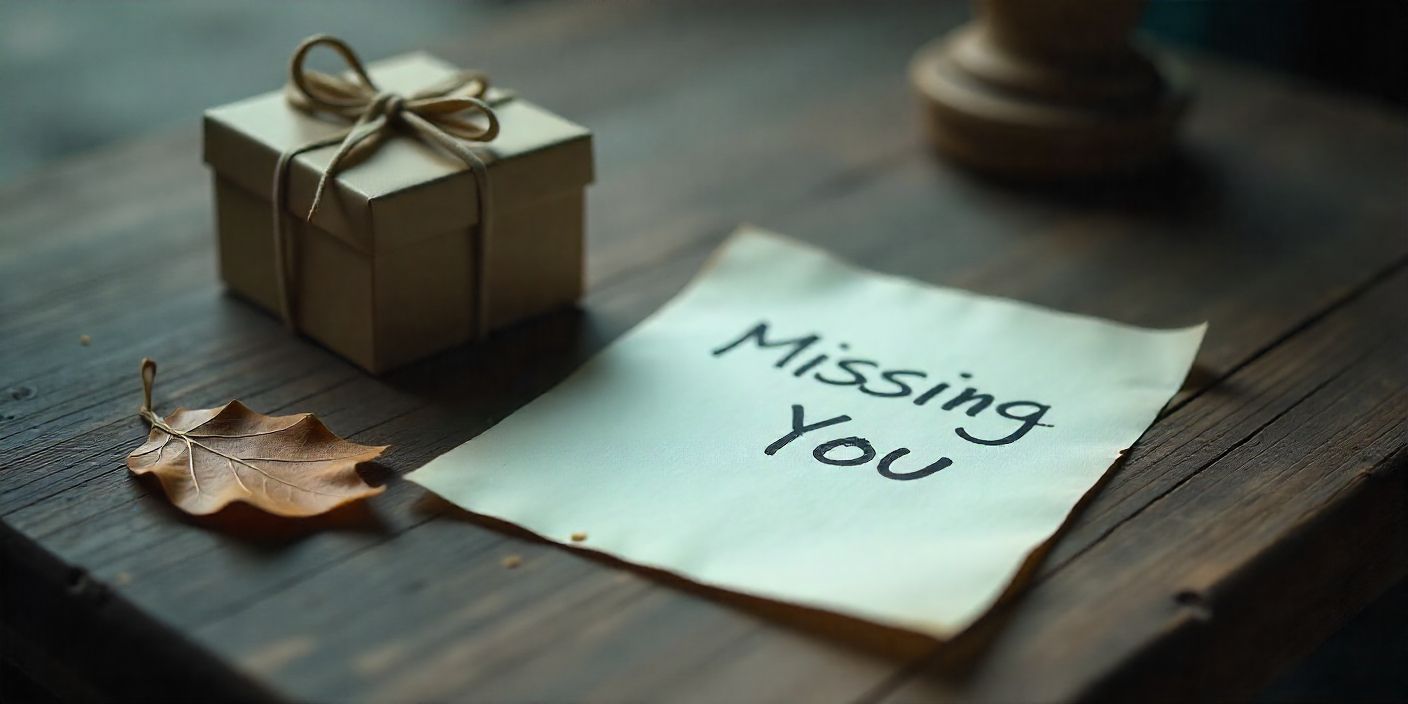 “Missing You” message card on a wooden table symbolizing friendship and longing.