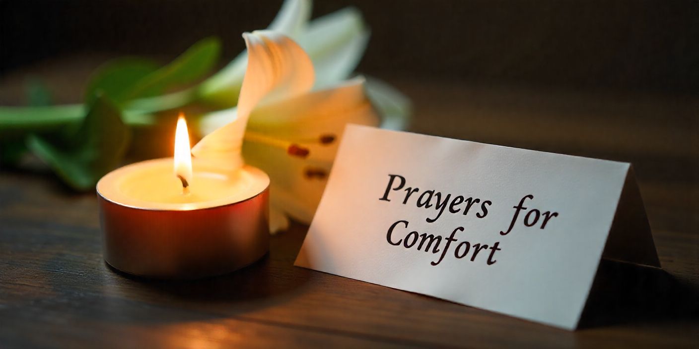 Comforting candle-and-flowers setup with a sympathy prayer message.