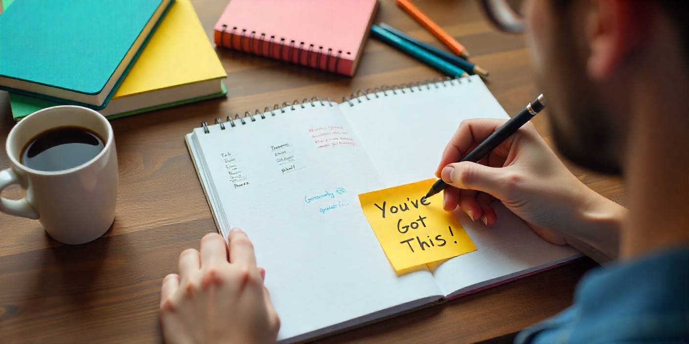 A tidy study desk with books and a motivational note written by a man, symbolizing success wishes for upcoming exams.