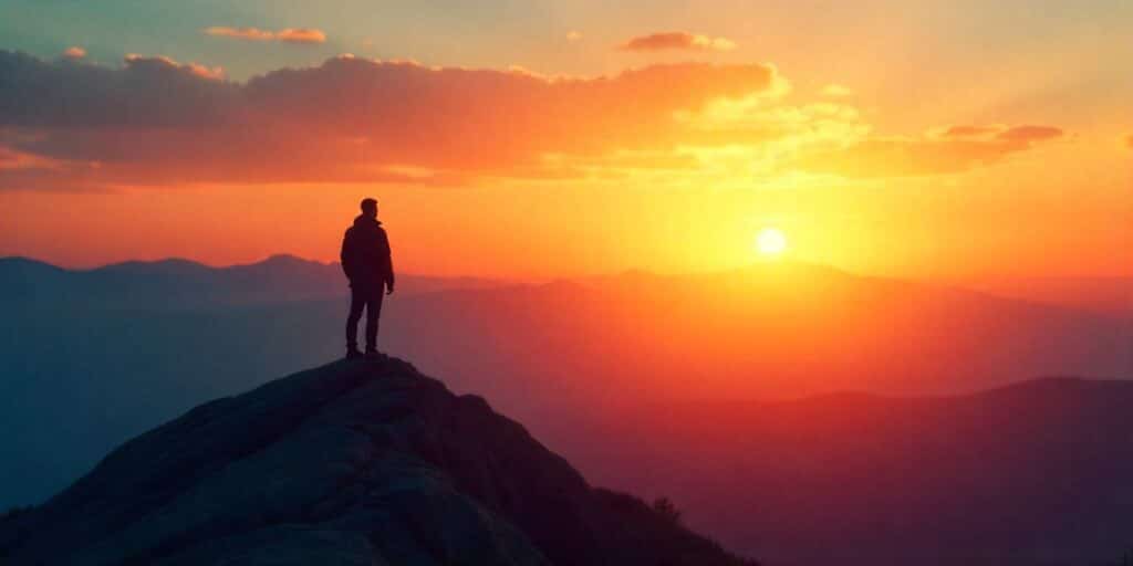 Man on mountain peak at sunrise symbolizing future success, ambition, and achievement.