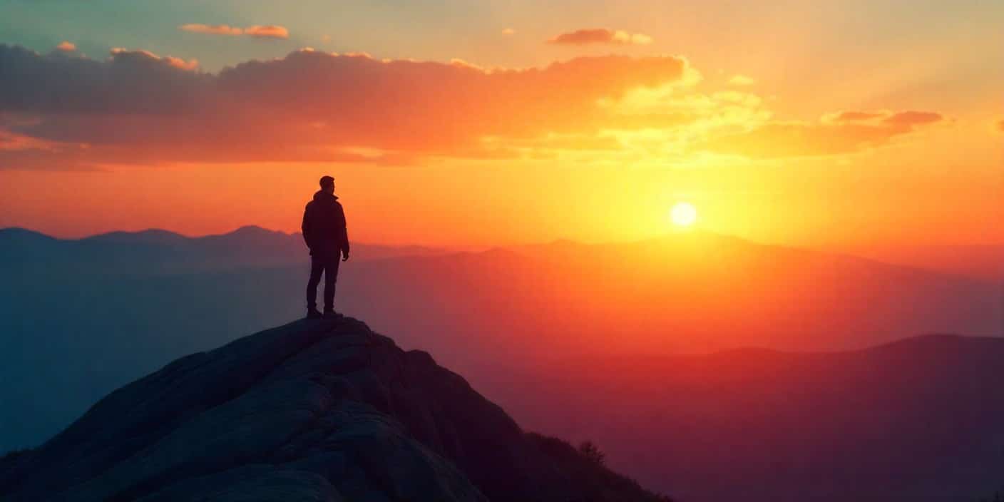 Man on mountain peak at sunrise symbolizing future success, ambition, and achievement.