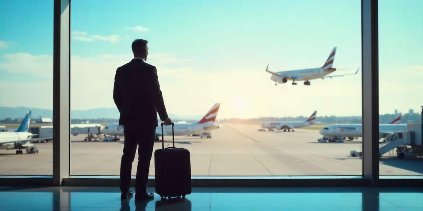 Travel farewell image showing man at airport preparing for international journey.