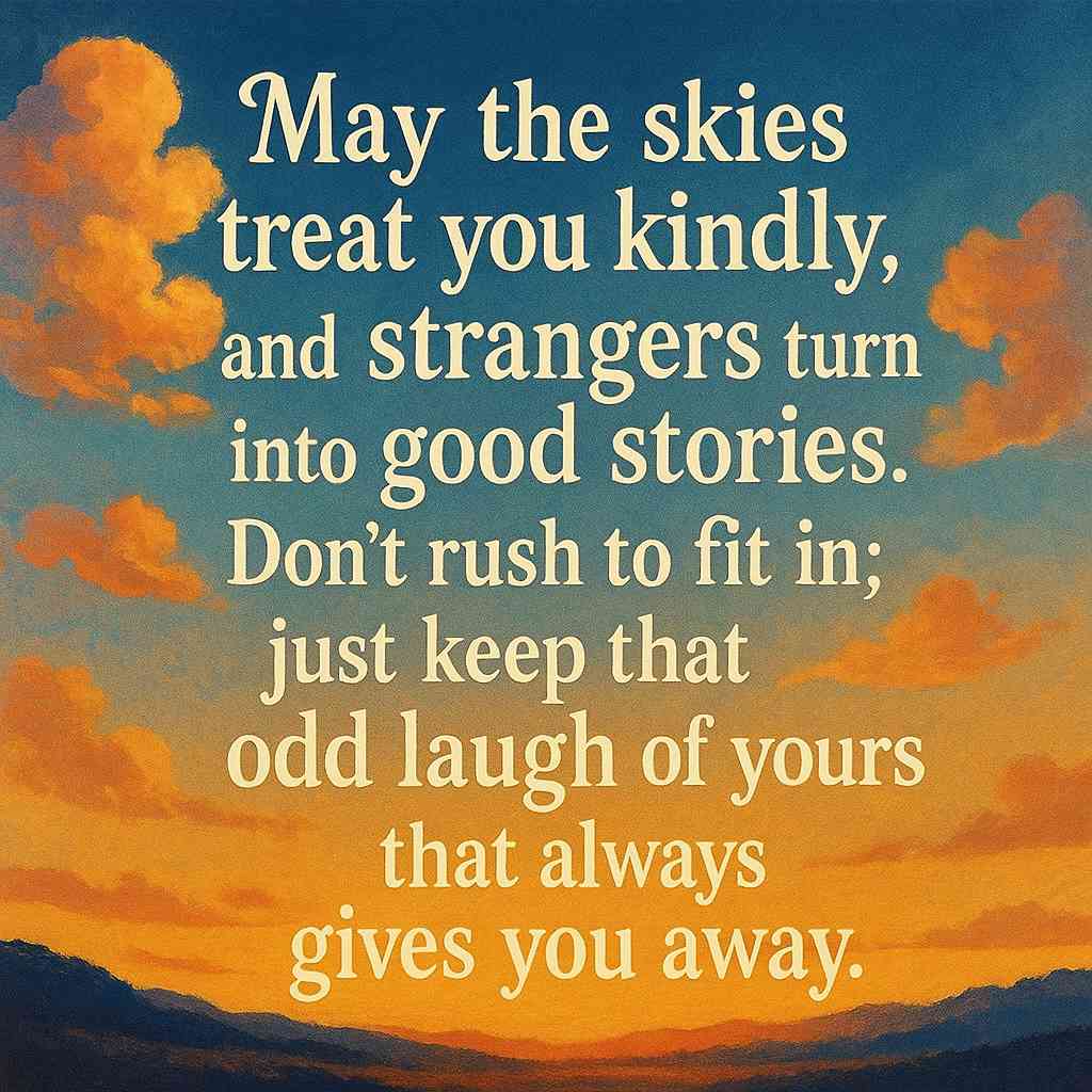 May the skies treat you kindly, and strangers turn into good stories. Don’t rush to fit in; just keep that odd laugh of yours that always gives you away.