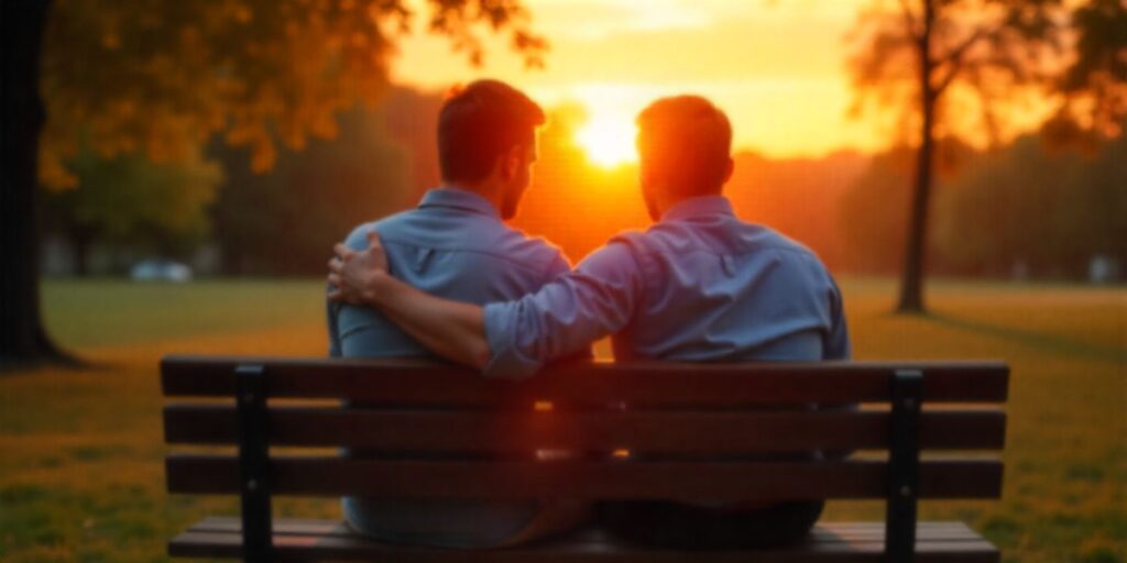 80+ Comforting Messages for a Broken Hearted Friend Two friends sitting on park bench at sunset showing comfort and emotional support.