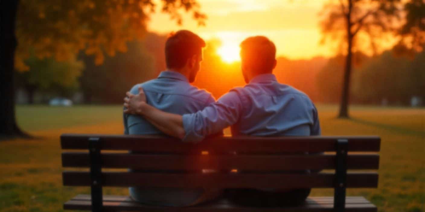 Two friends sitting on park bench at sunset showing comfort and emotional support.