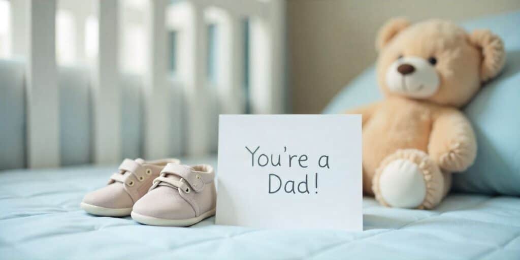 Celebratory image of nursery with baby items and congratulatory card for new father.