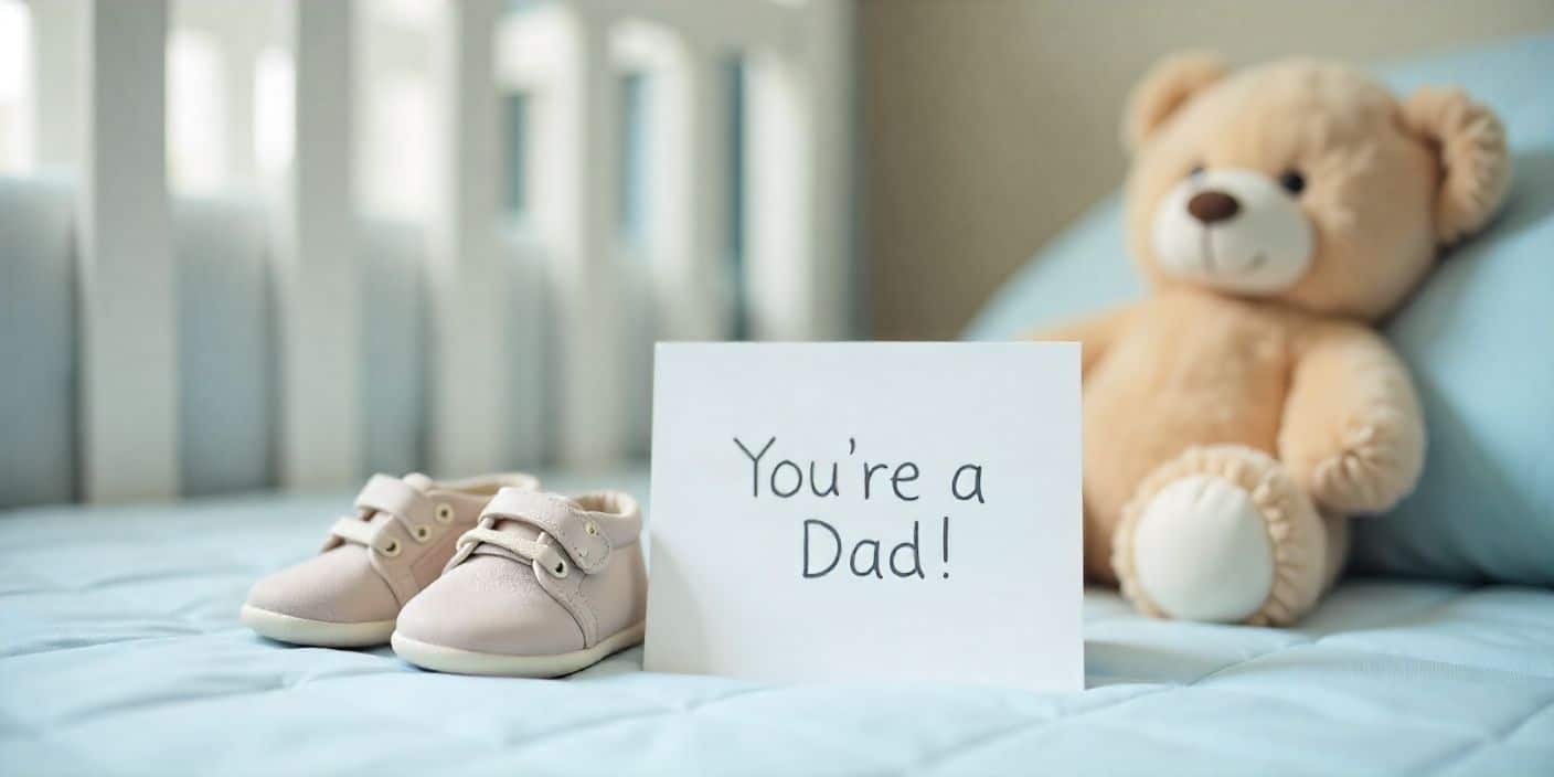 Celebratory image of nursery with baby items and congratulatory card for new father.