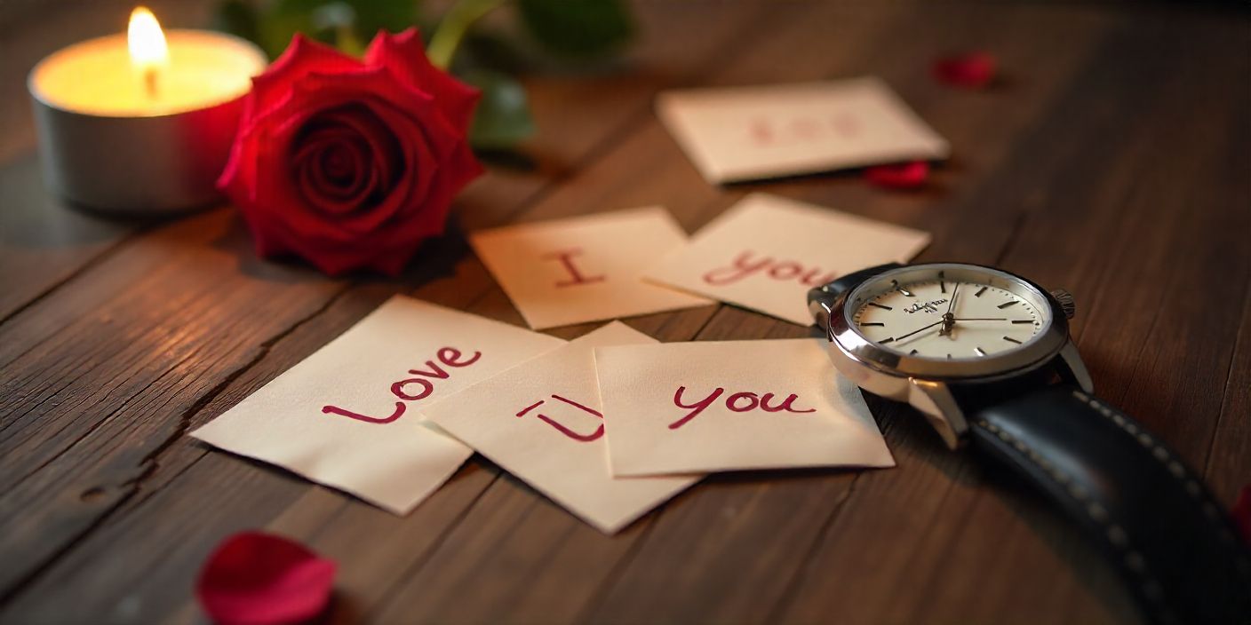 Romantic flat lay with love letters, rose, and candlelight for expressing passionate love to him.