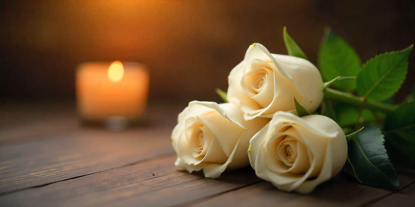 Heartfelt memorial tribute with candle, white roses, honoring the memory of a beloved son.