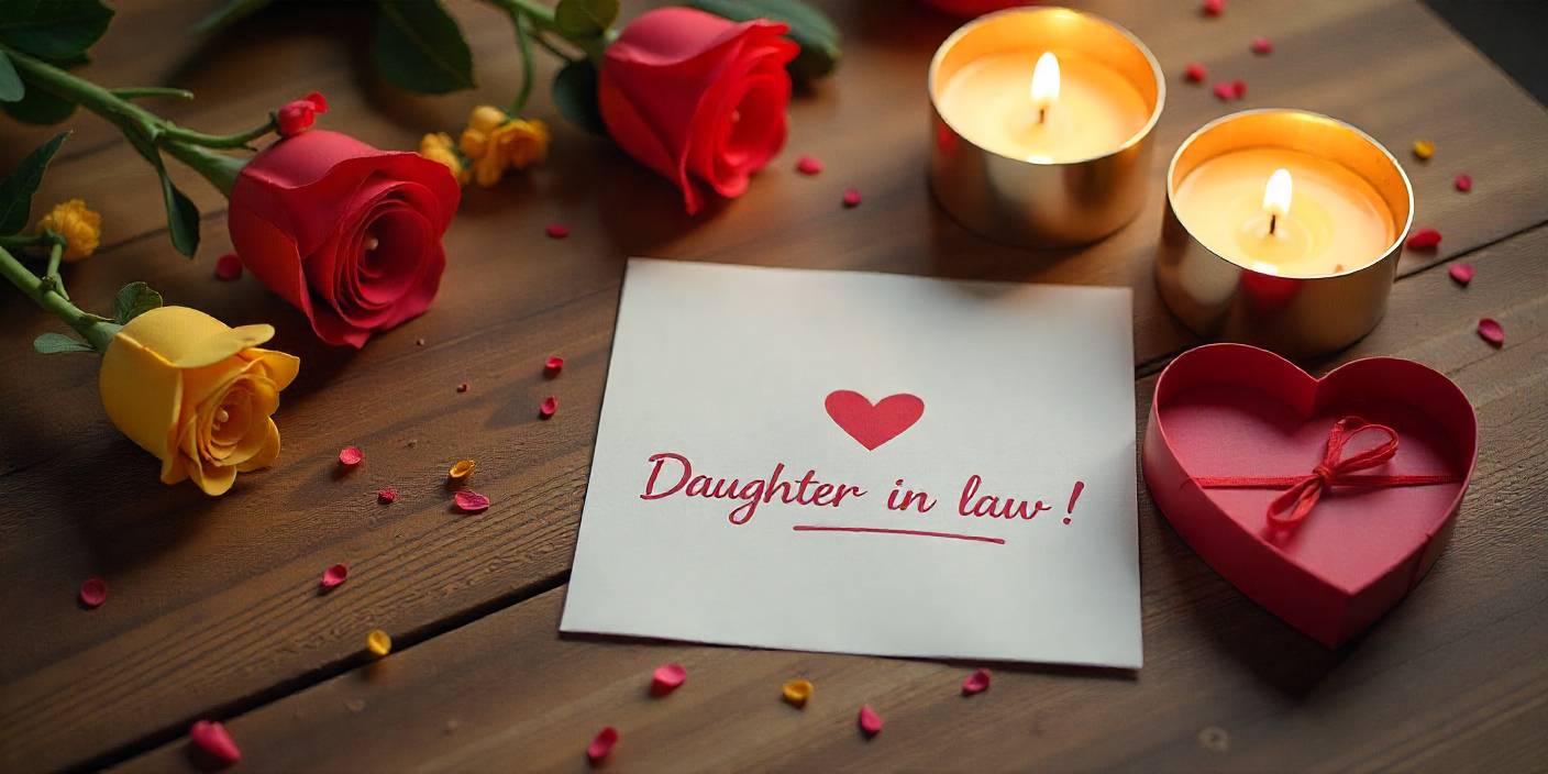 Heartfelt image of a welcoming home setting with a gift and card for daughter-in-law to be quotes.