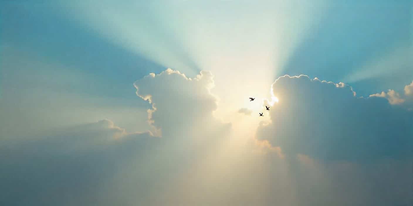 Sun rays through clouds with doves symbolizing peace and remembrance on a death anniversary.