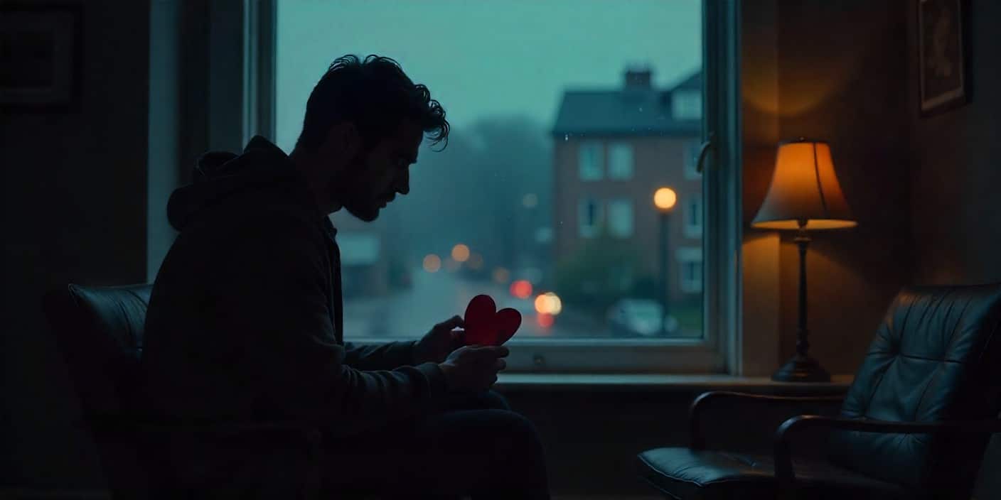 Sad Valentine’s Day image with man and broken heart card.