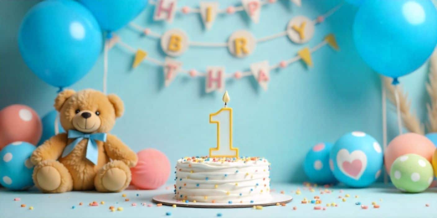 First birthday party with blue balloons, teddy bear, and cake with number one candle.
