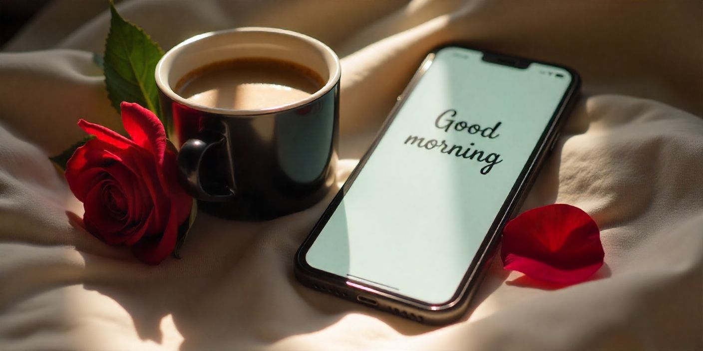 A romantic morning image featuring a phone with flirty good morning text, coffee, and rose on a sunlit table.