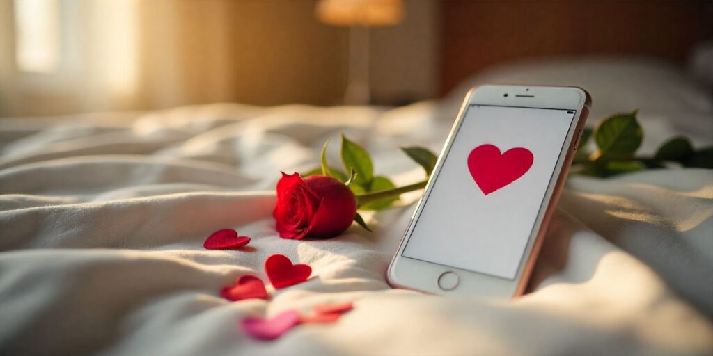 Romantic lighting with a phone showing a flirty text, rose, and heart confetti.