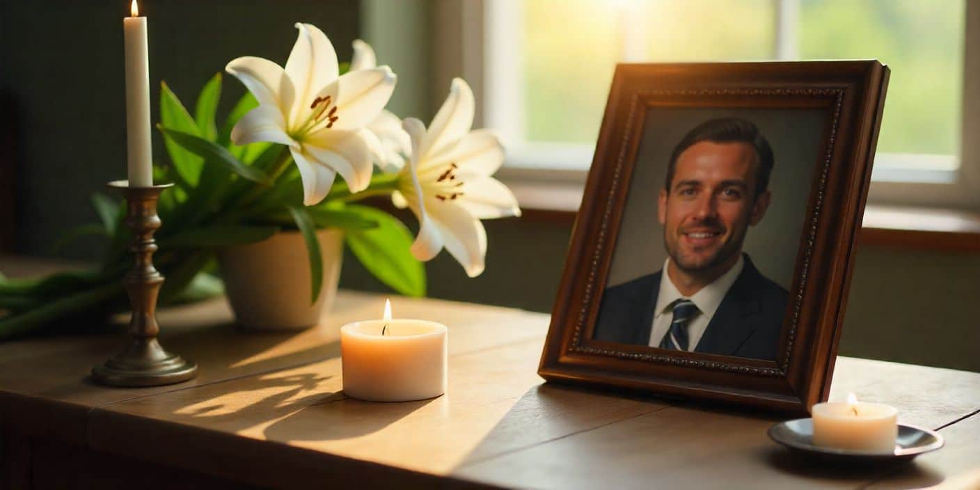 Candle and white lilies beside framed photo of a deceased male friend on memorial table.