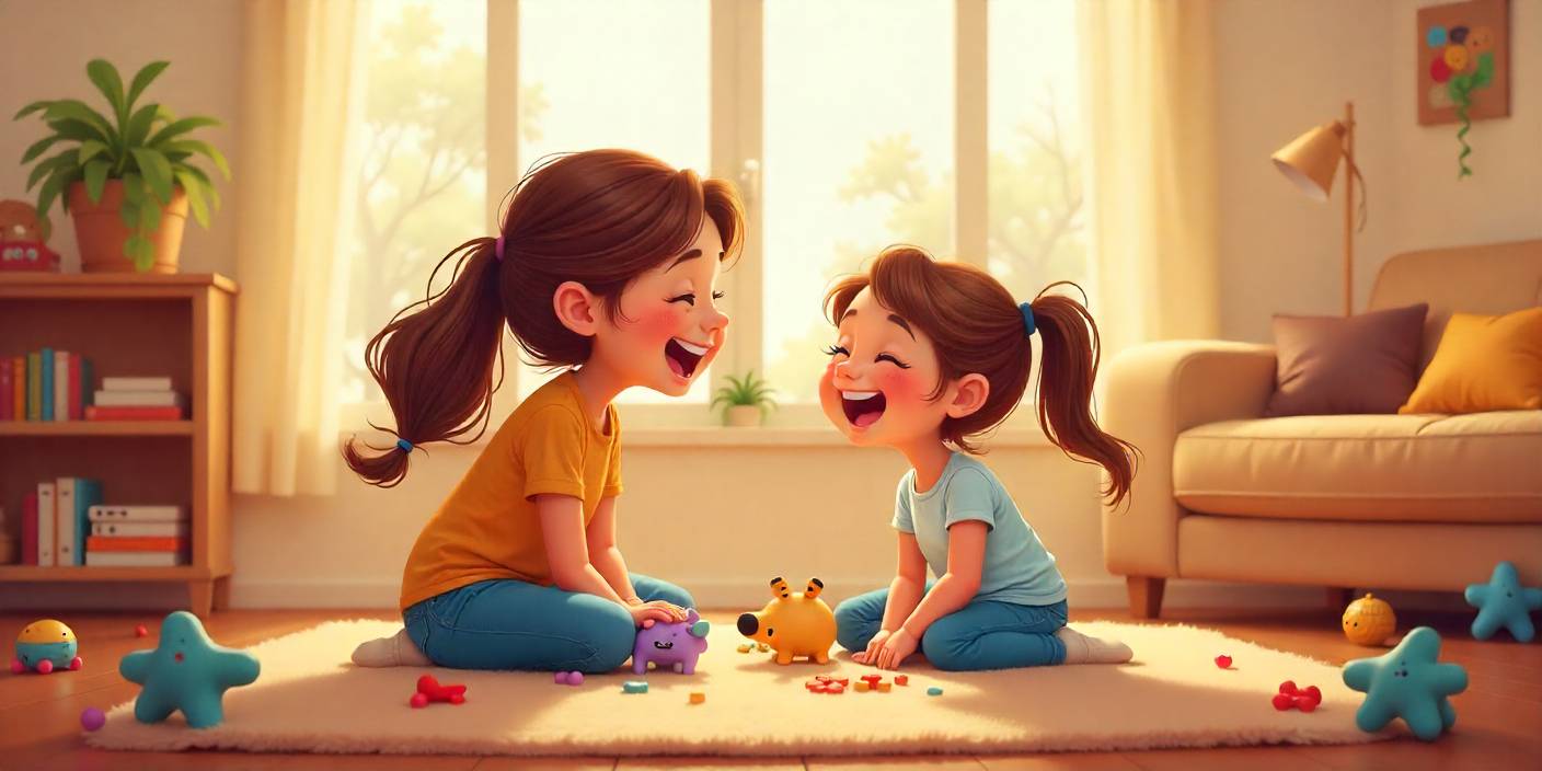 Funny mom and daughter moment with laughter and love in a cozy home setting.