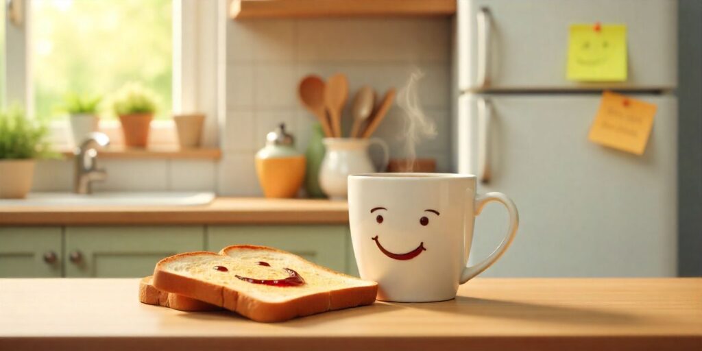 Playful morning scene with coffee, smiling toast, and funny notes symbolizing friendship and laughter.