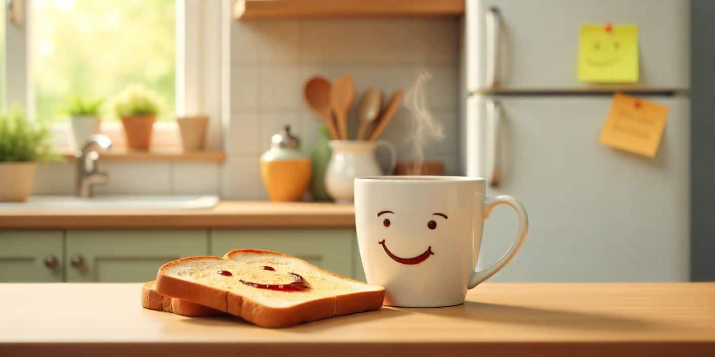 Playful morning scene with coffee, smiling toast, and funny notes symbolizing friendship and laughter.