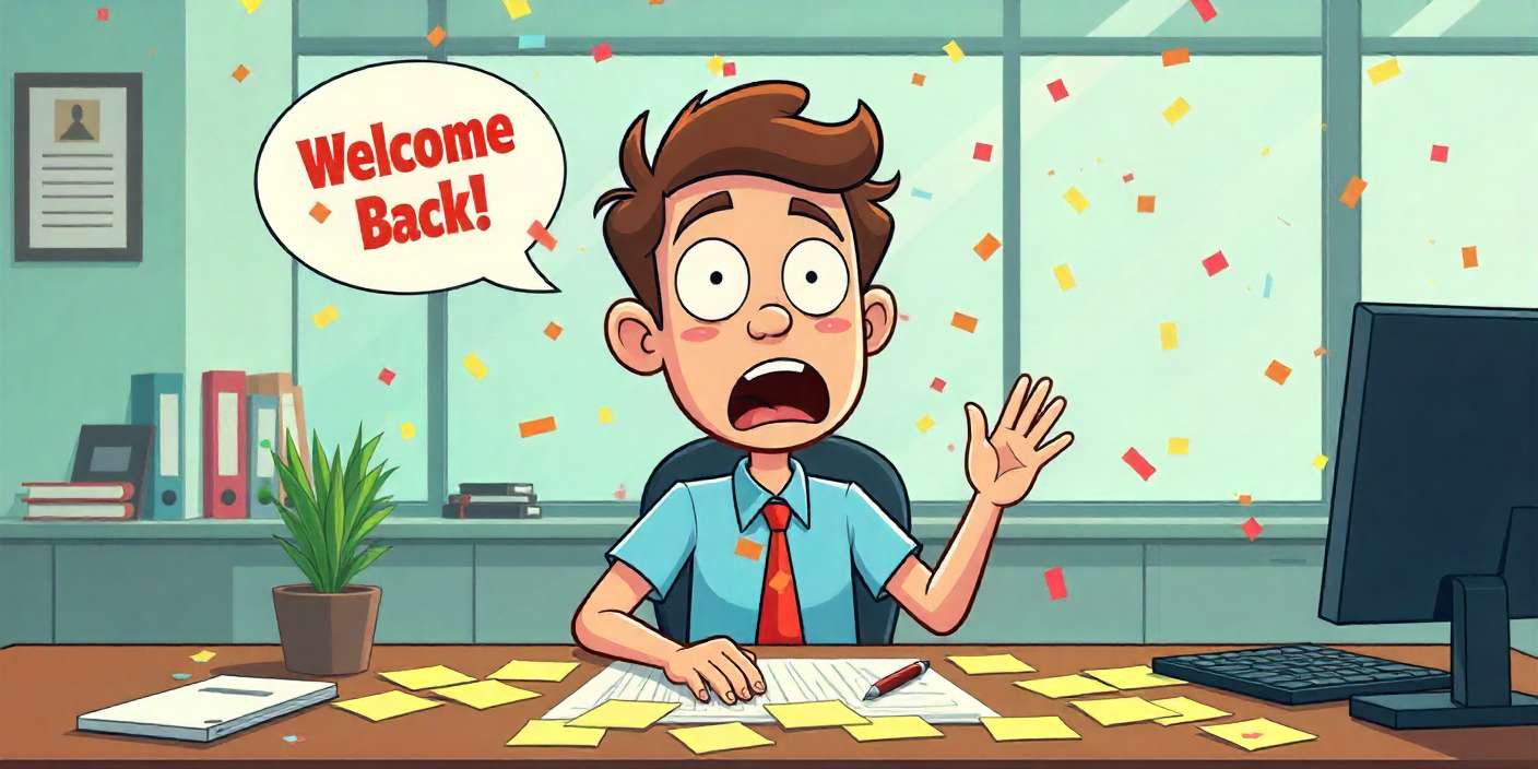 Funny cartoon of man pranked at office welcome back event.