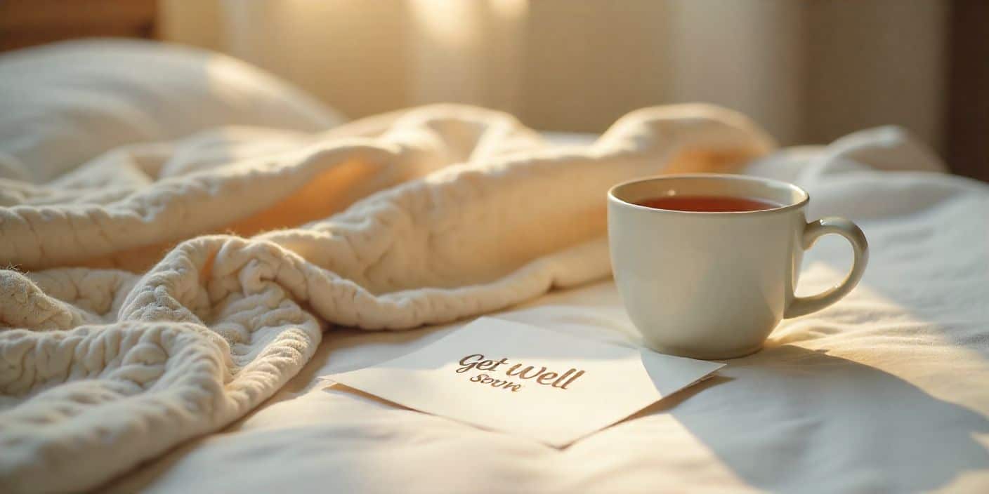 Comforting get-well-soon setup with tea, tissues, and a caring message card.