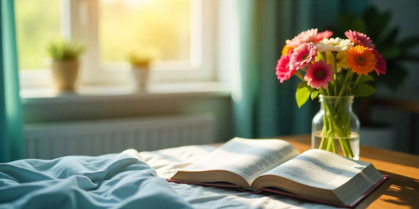 Peaceful hospital room with flowers and inspirational get well soon messages.
