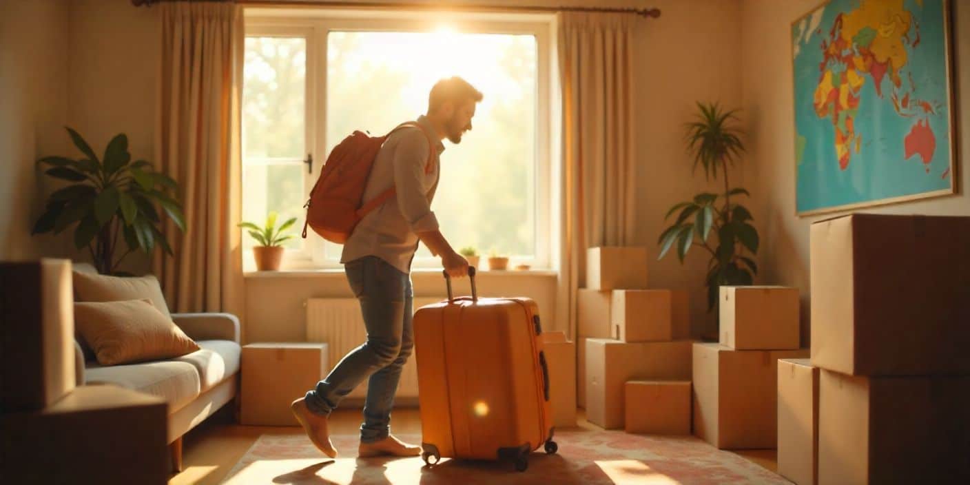 Good luck farewell image for someone moving away with suitcase and travel theme.