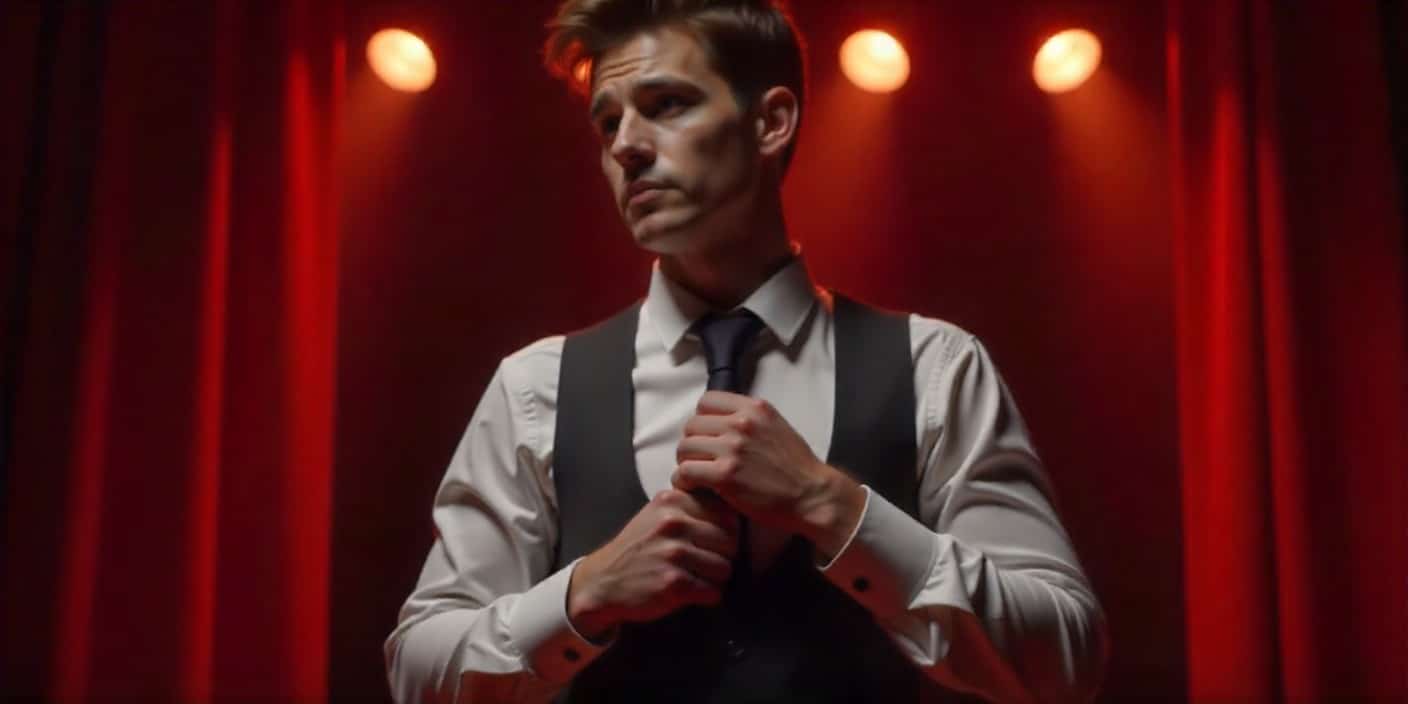 Good luck wishes image for performance showing a confident man preparing backstage under soft stage lighting.