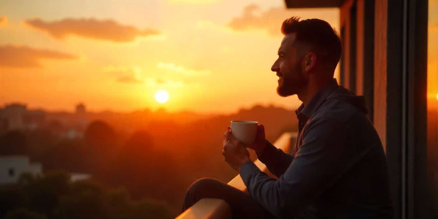 Good morning image for brother with sunrise and coffee mood.